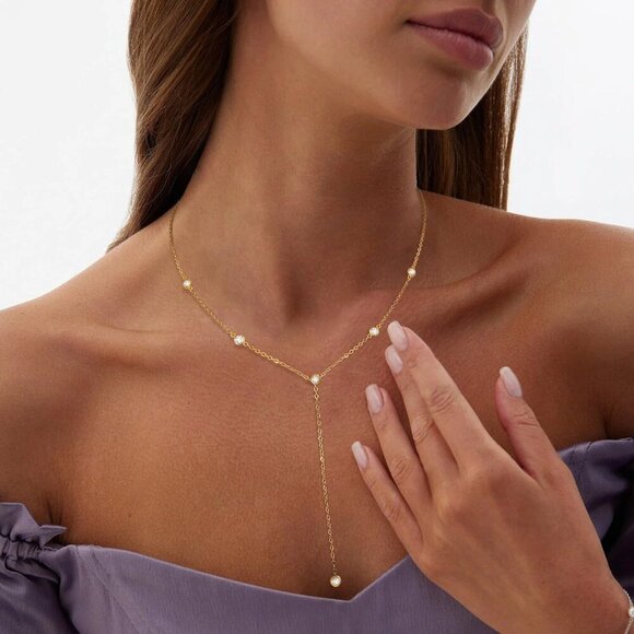 Lariat Necklace for Women, Dainty Layered Gold Long Necklaces 14k Gold Plated Be - Picture 6 of 6